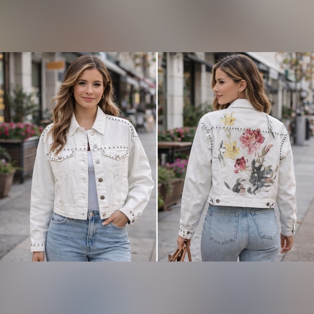 GUESS Clara Studded White Denim Jacket – Floral Back | Size M | NWT - Picture 1 of 4